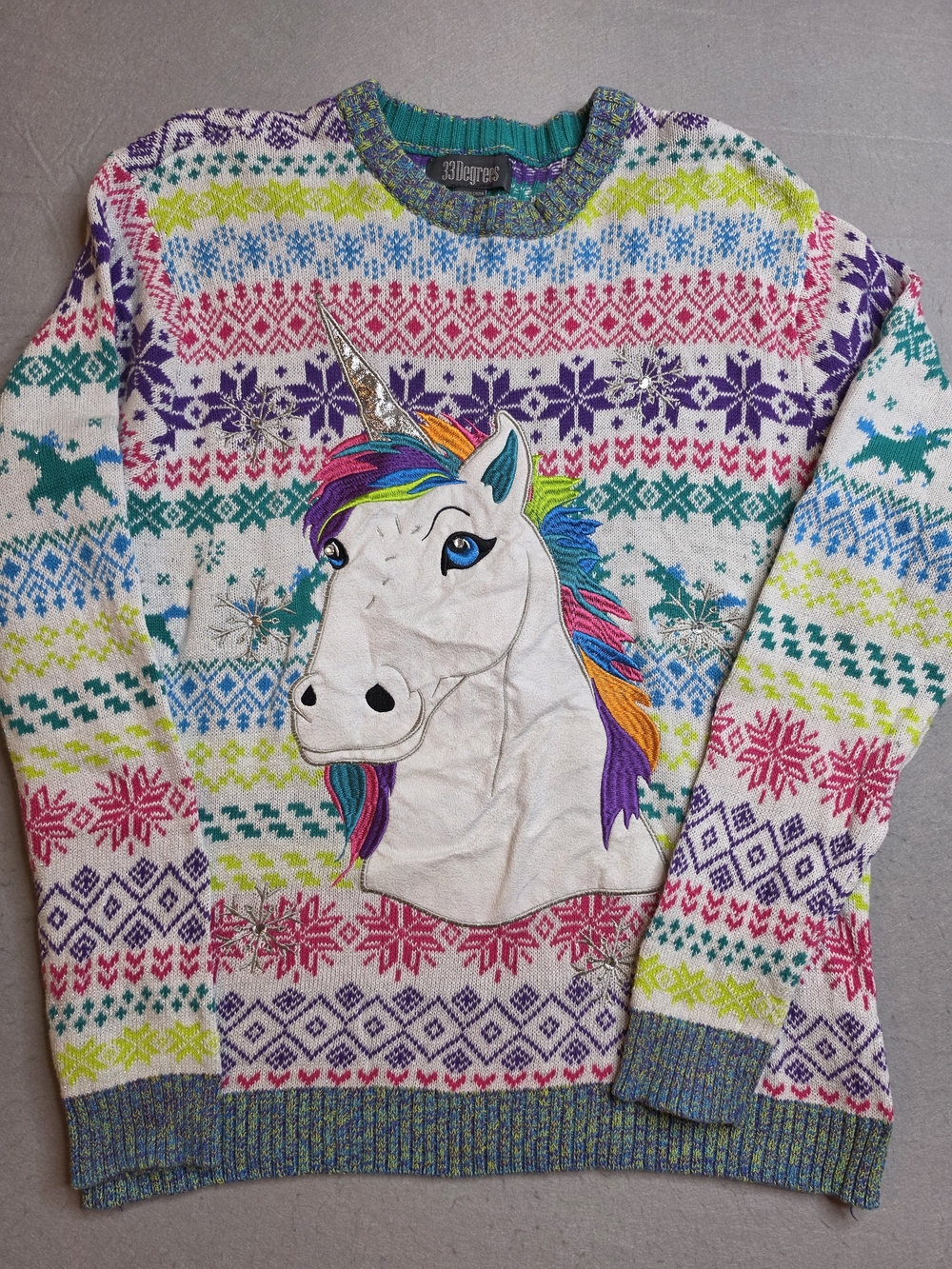 33 Degrees UNICORN Holliday‎ Christmas Sweater Adult S Fairisle Glitter Rainbow